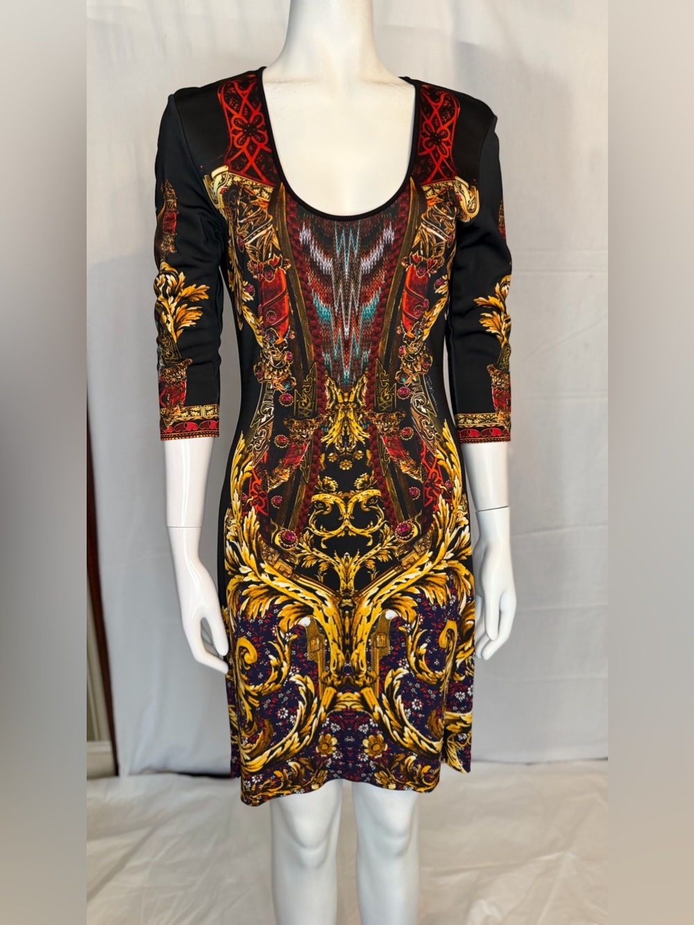 Just Cavalli Black Dress with Gold & Red Baroque Motif